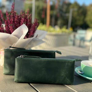 Travel leather pencil case green colour capacity 22 cm length depth 4 cm
