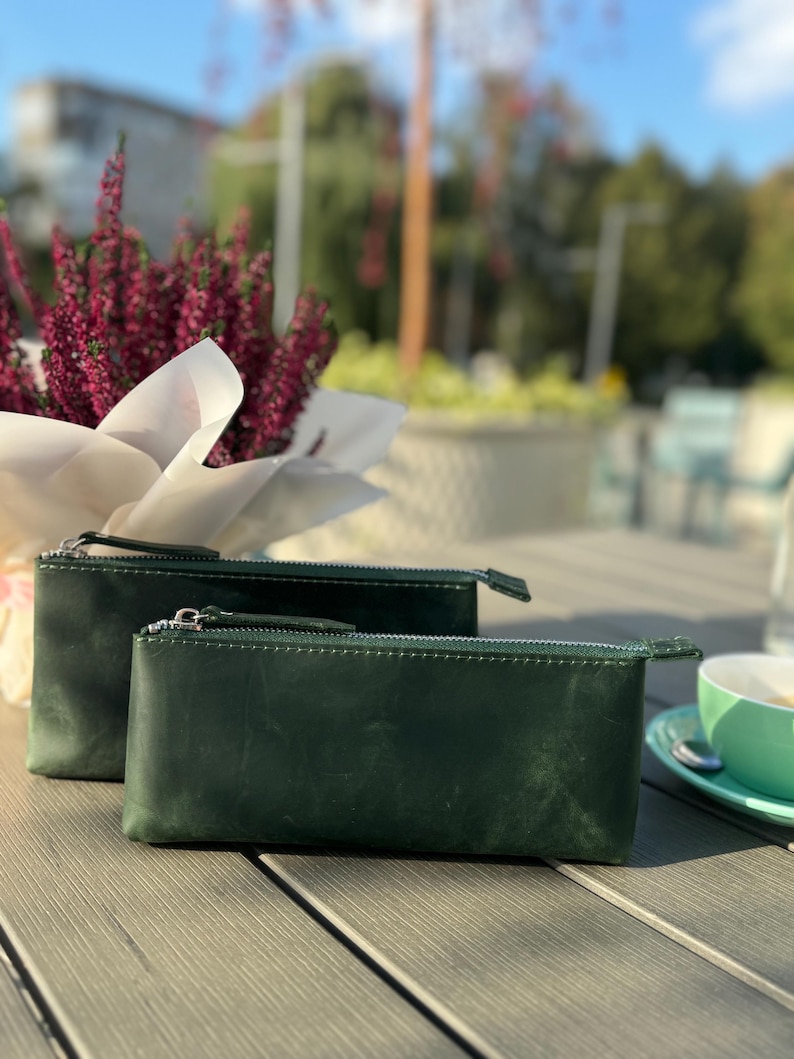Travel leather pencil case green colour capacity 22 cm length depth 4 cm
