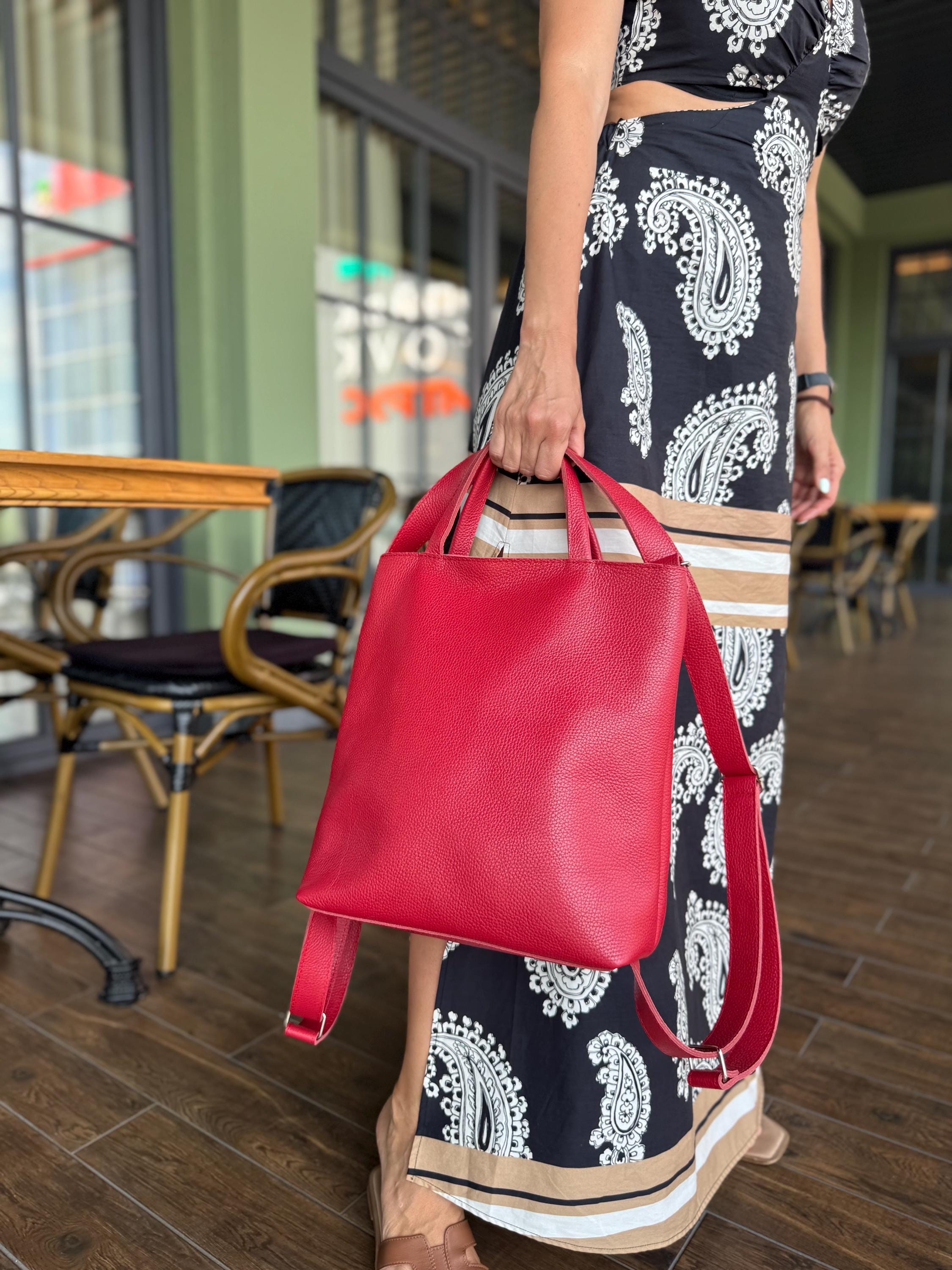 Red Leather Convertible Backpack: Crossbody Shoulder Bag - Etsy display picture 2