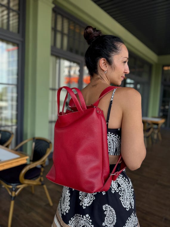 2431 Leather Shoulder Purse Convertible Backpack - Red Women main image 4