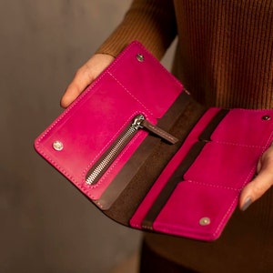 Cartera plegable marrón, Cartera de cuero para mujer, Cartera bicolor, Cartera larga rosa, Cartera de mano para mujer, Tarjetero de cuero, Organizador de pasaportes