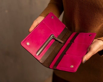 Brown bifold wallet, leather wallet women, two color wallet, pink long wallet, clutch wallet women, leather card holder, passport organizer