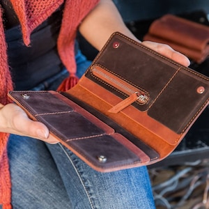 Cartera larga de cuero, cartera marrón, cartera de cuero para mujer, tarjetero, organizador de pasaporte, billetera para chequera, billetera plegable