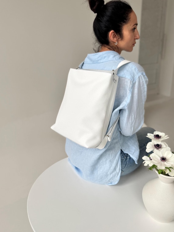 White Leather Convertible Backpack Purse: Crossbody Tote Bag