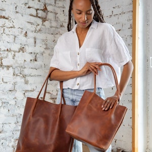 Leather shoulder bag Tote bag women Small shoulder bag Shoulder tote bag Brown shoulder bag Mustard tote bag Tote with shoulder strap Cognac brown