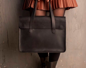 Black top handle bag, vintage bag women, laptop bag women, leather tote bag,black laptop bag, vintage bag leather, bag with divider