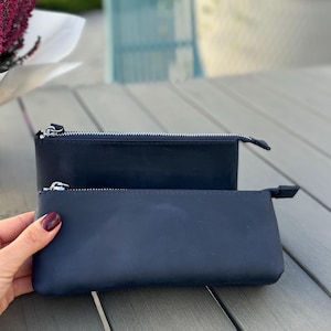 Handmade leather pen pouch navy blue zipper small size customizable engraving