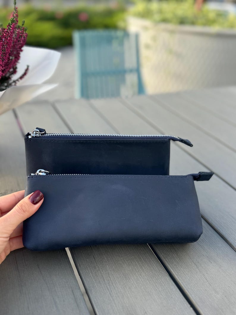 Handmade leather pen pouch navy blue zipper small size customizable engraving