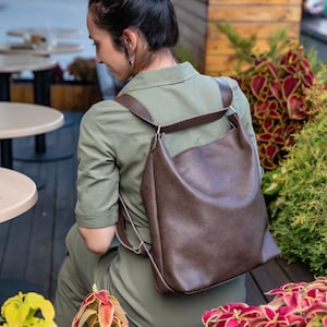Convertible Leather Backpack: Brown Crossbody Tote Bag