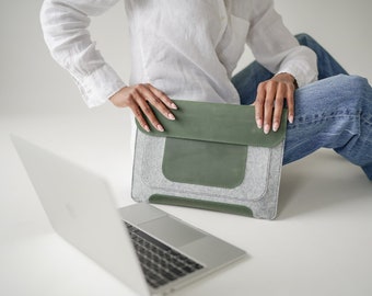 Laptop sleeve from genuine leather and felt, 13 inches macbook case, laptop travel case with shoulder strap, apple laptop sleeve