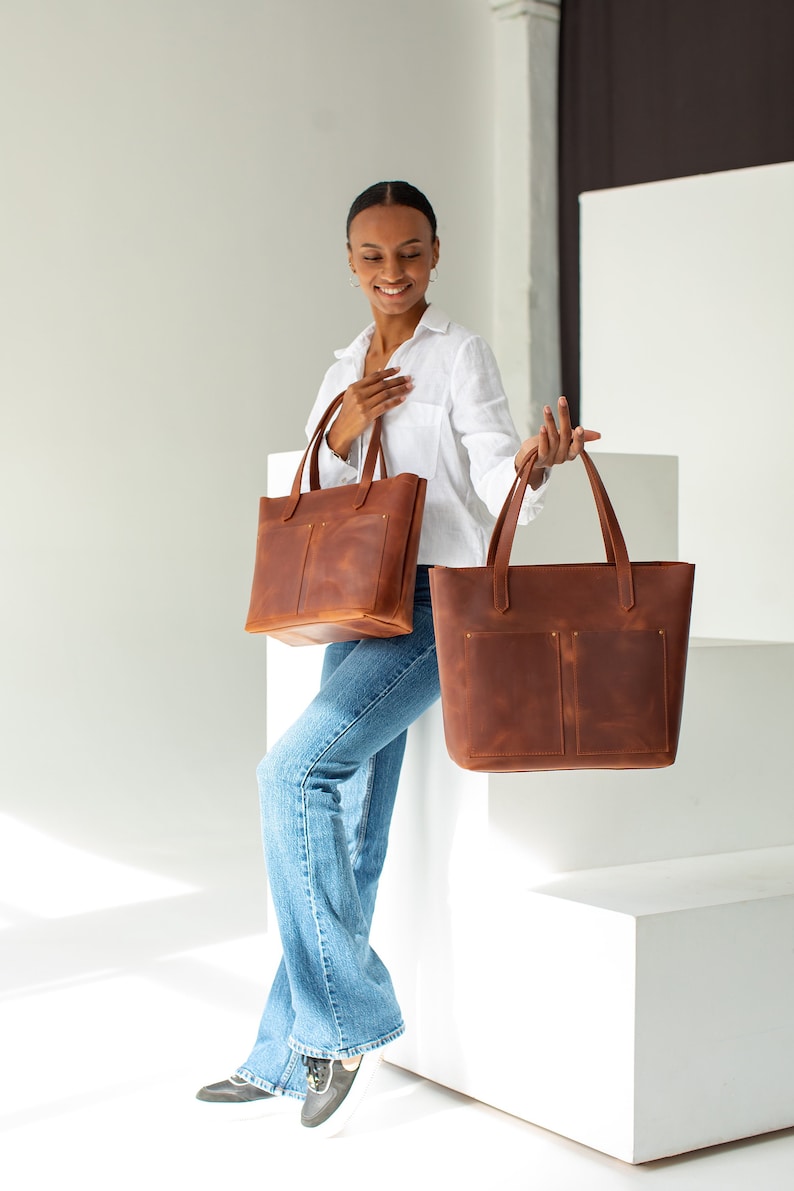 Brown tote bag women Leather tote bag with pockets Large leather tote bag Crossbody tote bag Leather tote bag brown Crossbody tote image 2