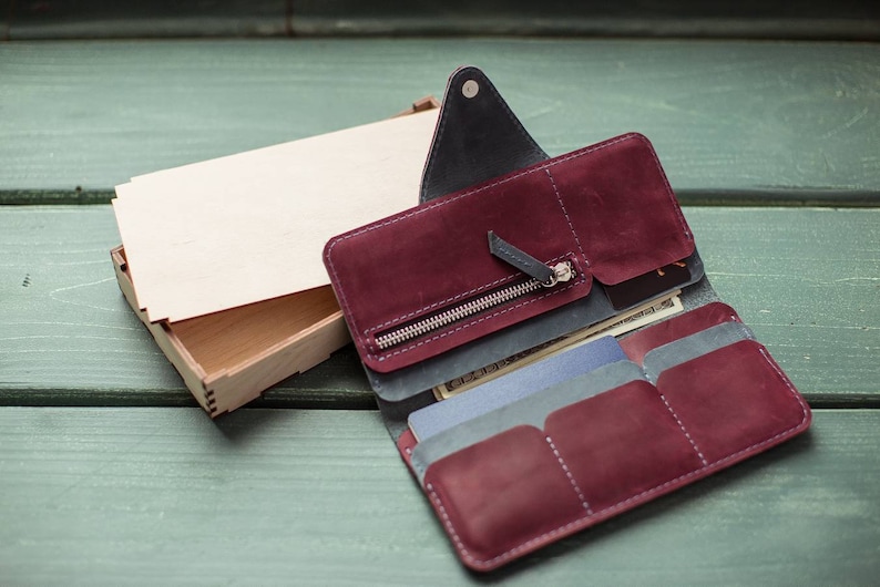 blue wallet bifold wallet checkbook wallet Purse women leather passport organizer long leather wallet leather wallet phone wallet