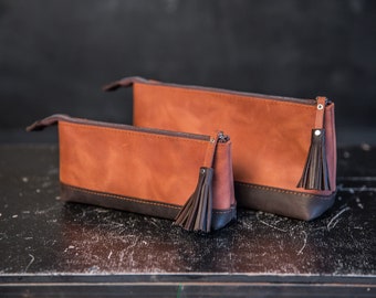 Gepersonaliseerde leren etui: pennenzakje met ritssluiting, make-uptasje