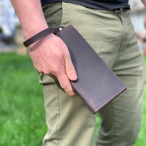 Cartera larga marrón, billetera de cuero plegable, billetera de chequera, billetera de cuero para hombres, cartera de cuero para mujeres, organizador de pasaporte, tarjetero