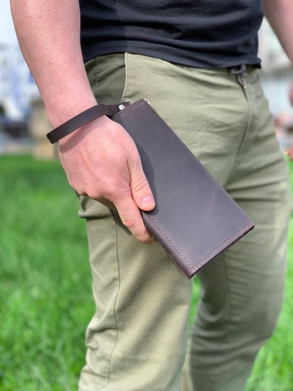 Men's Coffee Brown Leather Long Bifold Wallet – Credit Card Holder, Checkbook Clutch