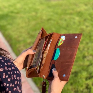 Cartera plegable marrón, cartera de cuero para mujer, cartera de chequera, cartera de cuero, cartera marrón, cartera larga para hombre, cartera de pulsera