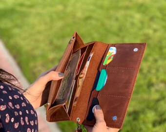 Cartera plegable marrón, cartera de cuero para mujer, cartera de chequera, cartera de cuero, cartera marrón, cartera larga para hombre, cartera de pulsera