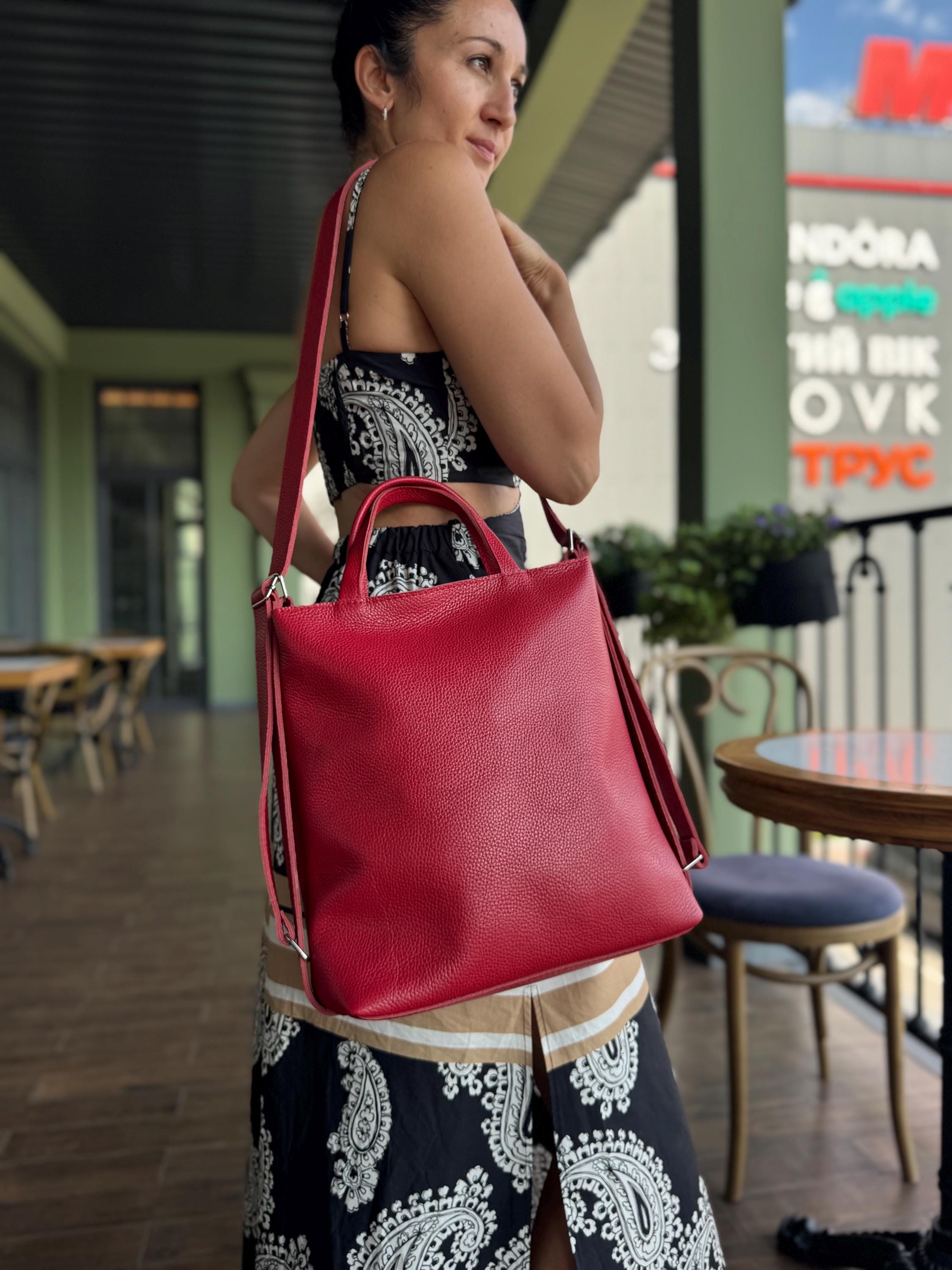 Red Leather Convertible Backpack: Crossbody Shoulder Bag - Etsy display picture 2