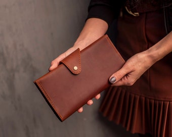 Billetera larga de cuero, billetera marrón, mujer de clutch de cuero, titular de tarjeta de crédito, organizador de pasaportes, billetera doble, billetera de mujeres, regalo para él