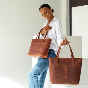 Brown tote bag women Leather tote bag with pockets Large leather tote bag Crossbody tote bag Leather tote bag brown Crossbody tote image 1