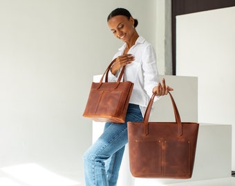 Brown tote bag women Leather tote bag with pockets Large leather tote bag Crossbody tote bag Leather tote bag brown Crossbody tote