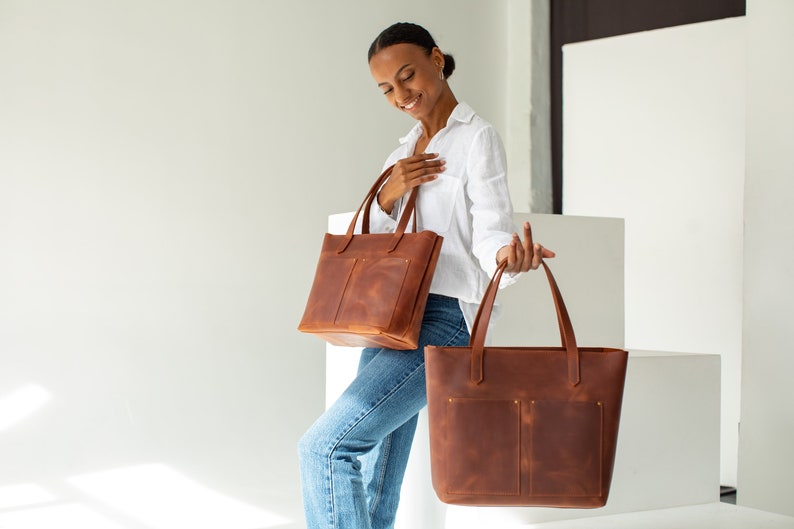 Brown tote bag women Leather tote bag with pockets Large leather tote bag Crossbody tote bag Leather tote bag brown Crossbody tote image 1