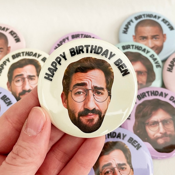 Happy Birthday Personalized Face Pin | Birthday Party Bar Funny Decor | Custom Face Buttons | 30th 40th 50th 60th Birthday