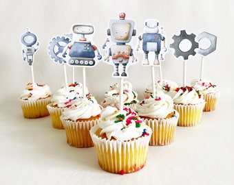 Steampunk Gears Cake Toppers - 18 Piece Acrylic Robot Birthday Decorations For Cakes & Cupcakes