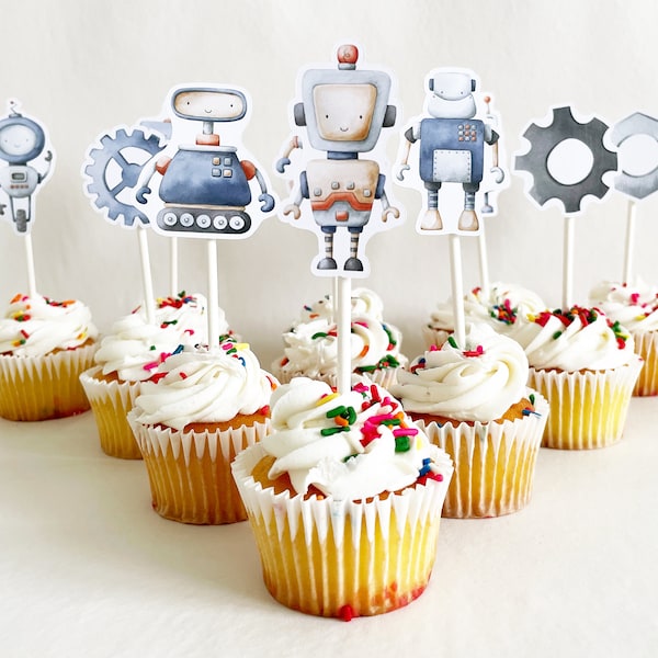 Robot Themed Cupcake Toppers | Set of 12 Robot Themed Cupcake Toppers | Handmade in USA