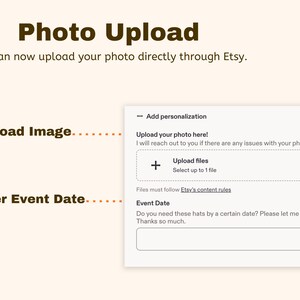 May include: An instructional graphic for an Etsy photo upload process. It features the text Photo Upload, Upload Image, and Enter Event Date. A white box displays an Add personalization section with an Upload files button and an Event Date field.