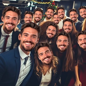 May include: A group of people smiling and taking a selfie. The people are all wearing casual clothing and are standing close together. The photo is taken in a dimly lit room with a Christmas tree in the background.
