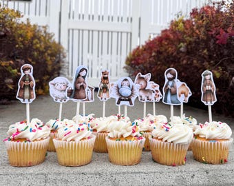 Happy Birthday Jesus Banner & Cupcake Topper Set - 11 Pc Nativity Christmas Party Decorations