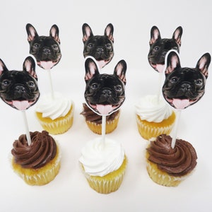 May include: A set of cupcakes decorated with images of French Bulldogs. The cupcakes have white and chocolate frosting.