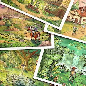 Op de afbeelding: Een collectie van vier rechthoekige kunstdrukken met kleurrijke, gedetailleerde illustraties van fantasielandschappen. De scènes tonen een personage te paard, een dorp met een windmolen, een zwaard in een steen en een personage bij een waterval.