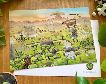 Könnte beinhalten: Eine handgezeichnete Illustration eines Videospielcharakters, der mit einem Banner, auf dem "AWR" steht, durch die Luft fliegt, über einer grünen Landschaft mit einem Fluss und einem Vulkan im Hintergrund.
