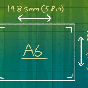 May include: Diagram of an A6 paper size, with dimensions labeled in both millimeters and inches. The width is 148.5 mm (5.8 in), and the height is 105 mm (4.1 in). The text "A6" is written in yellow.