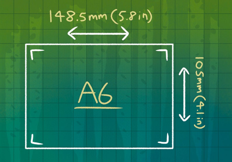 May include: Diagram of an A6 paper size, with dimensions labeled in both millimeters and inches. The width is 148.5 mm (5.8 in), and the height is 105 mm (4.1 in). The text "A6" is written in yellow.