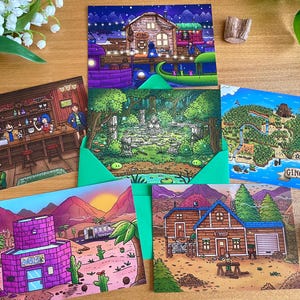 May include: A collection of colorful illustrated postcards featuring various scenes. One depicts a bar interior, another a forest, and a third shows a map labeled "Ginger Island." Other cards show a desert scene and a house.