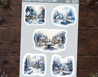 Cozy Winter Deco Sticker Sheet , Snowy Winter Village Planner  Journaling Stickers | Cottage Scene Stickers