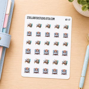 May include: A white sticker sheet featuring thirty small illustrations of a brown sloth sitting at a desk with a laptop. The text STELLARFOXSTUDIO.ETSY.COM and WO-07 are printed at the top. The sloths are depicted in various poses while working.