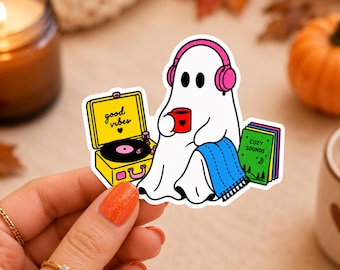 Cozy Ghost Fall Coffee & Music Vinyl Sticker Waterproof | Planner Reading Journal  Laptop Water Bottle Gift Kindle