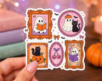 Bookish Ghost & Cat Frame Sticker Vinyl Sticker Decal | Cute Fall Halloween Book Lover Laptop Reading Journal Planner Kindle Gift