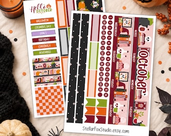 May include: Two sheets of Halloween-themed planner stickers featuring the text Hello October and October. The designs include skulls, pumpkins, books, potions, and numbered circles from 1 to 31, with orange, black, green, and burgundy color schemes.