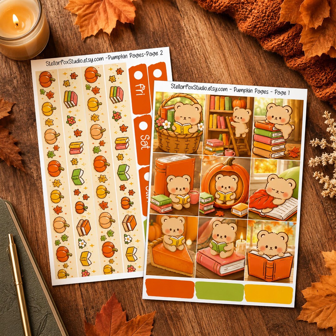Fall Bookish Bear Weekly Planner Sticker Kit Vertical Erin Condren ...