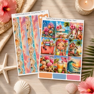 May include: Two sticker sheets featuring beach-themed illustrations including seashells, ocean waves, a tropical sunset, a beach house, a person with a drink, a tote bag, and flip-flops. The text StellarFoxStudio.etsy.com - Vacay All Day is printed on top.