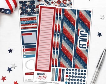 May include: A set of patriotic planner stickers featuring red, white, and blue glitter patterns, star motifs, and the text JULY. The sheets include a lined notepad section, day-of-the-week headers, a monthly calendar grid, and various functional labels.