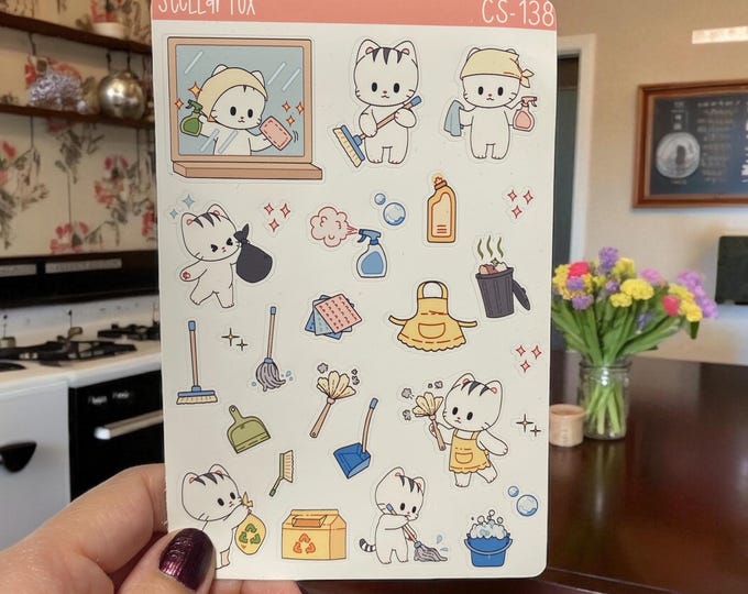 Machine Clean Sticker Cute Cleaning Planner Stickers , Cute Character Stickers , Sticker Sheet ...