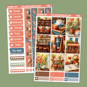 May include: Two planner sticker sheets with a coffee shop theme. One sheet features daily labels, decorative elements, and the text "Rosewood Cafe" and "Stellarfoxstudio.etsy.com". The other sheet has coffee shop scenes.