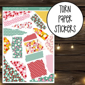 Strawberry Floral Ripped Paper Torn Strips Decorative Stickers Journaling Planner
