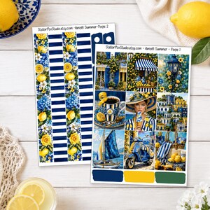 May include: Two sticker sheets featuring Amalfi Summer themes with text StellarFoxStudio.etsy.com. Designs include blue and white stripes, yellow lemons, blue flowers, a sailboat, a scooter, a coffee cup, and coastal architecture scenes.